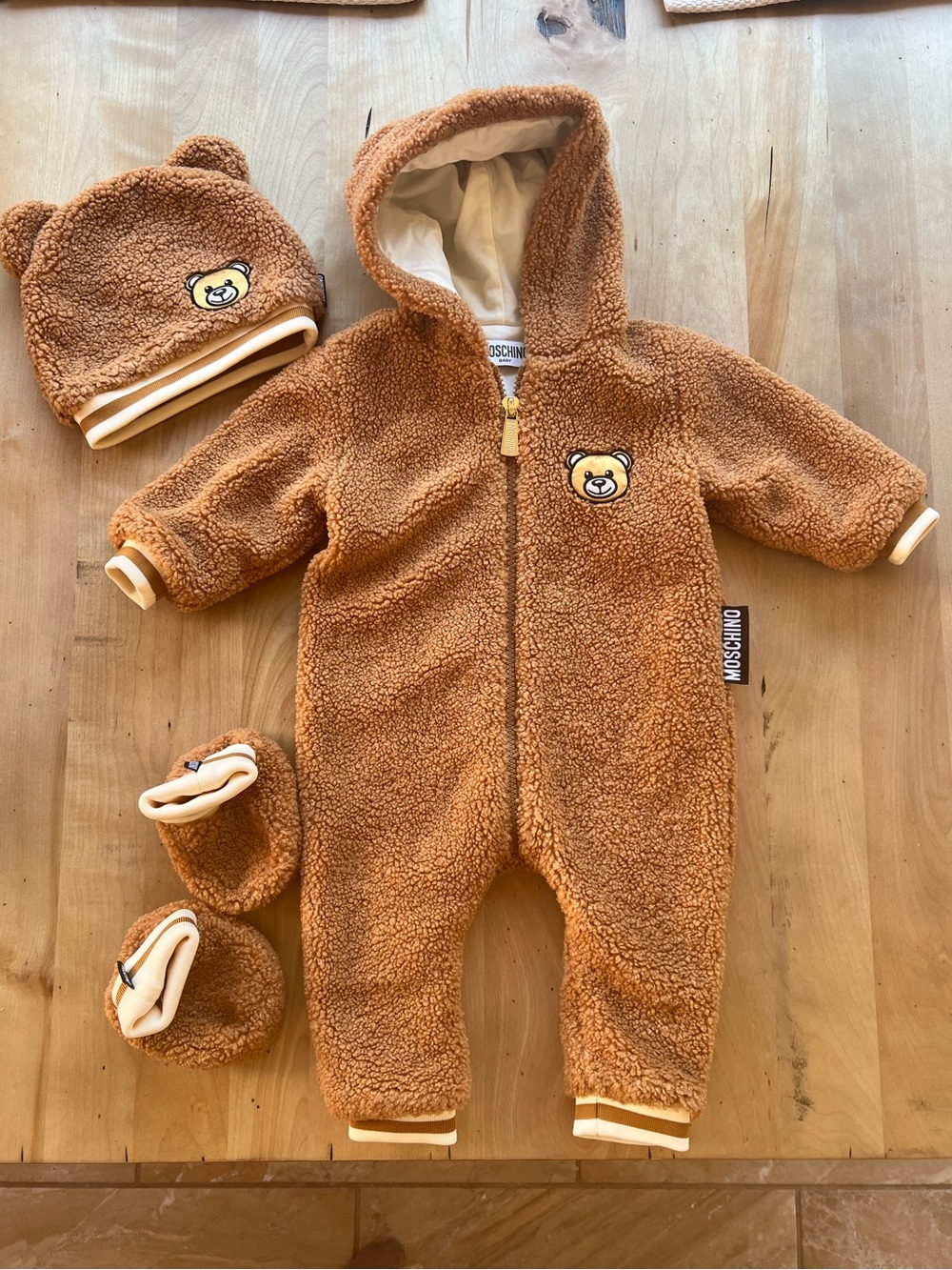 Moschino Baby Teddy Bear Brown Sherpa Hooded One-Piece with Hat & Booties